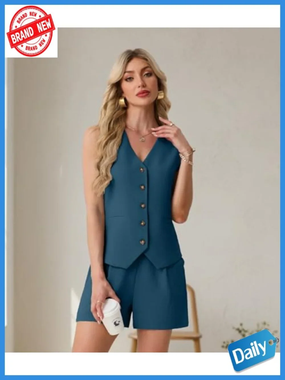 Women's 2 Piece Sleeveless Vest and Shorts Set, Polyester Solid Casual Travel